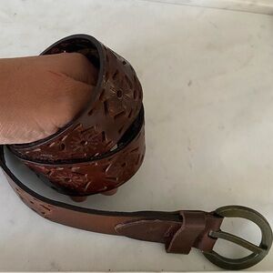 Rolfs Brown Leather Belt Sz L Laser Cut Sun Pattern Old Brass Buckle Boho Rodeo